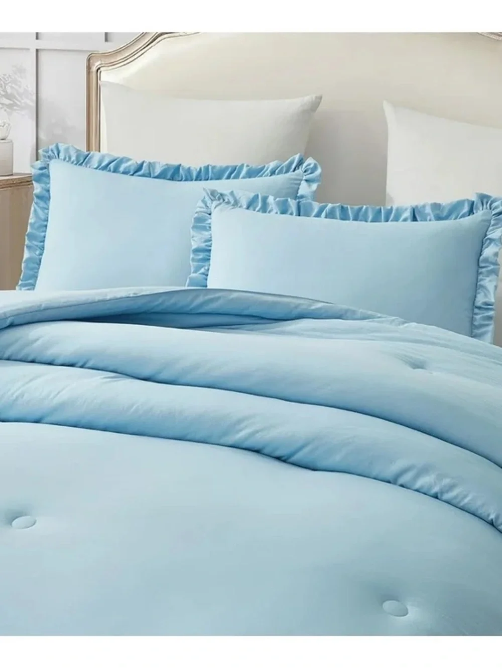 Light Blue Ruffled oversized queen 3 piece Comforter Set